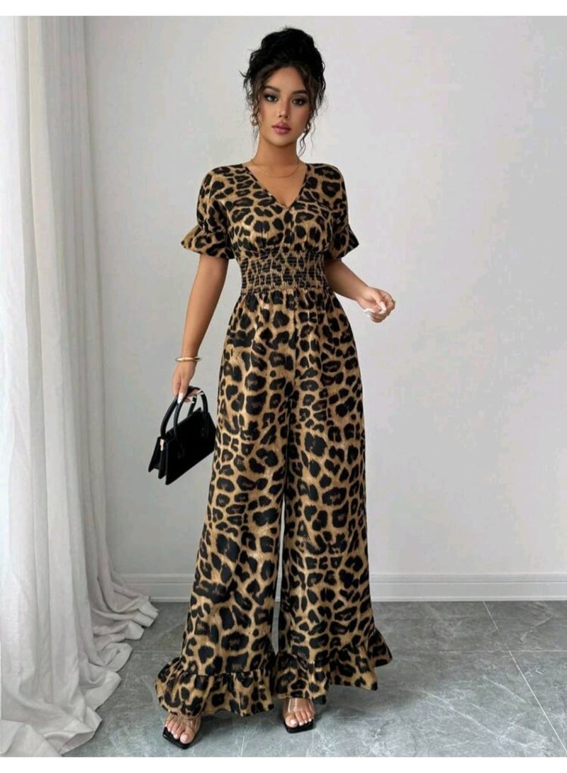 Shein Elenzga Women's Leopard Print Shirred Waist Short Puff Sleeve Wide Leg Jumpsuit - Image 4